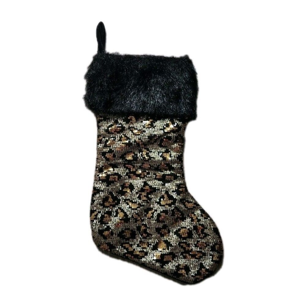 Hobby Lobby Leopard Sequin Christmas Stocking Black Brown Faux Fur Holiday Decor